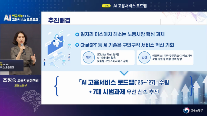 스트리밍코리아_AI 인공지능으로 여는 고용서비스 오픈토크_조정숙 고용지원정책관 발표.png